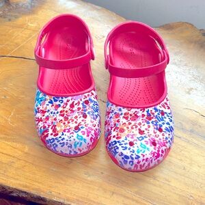 Crocs Women’s Size 7 Pink Splatter Mary Jane’s! EC! So Cute! See Pics! Holidays